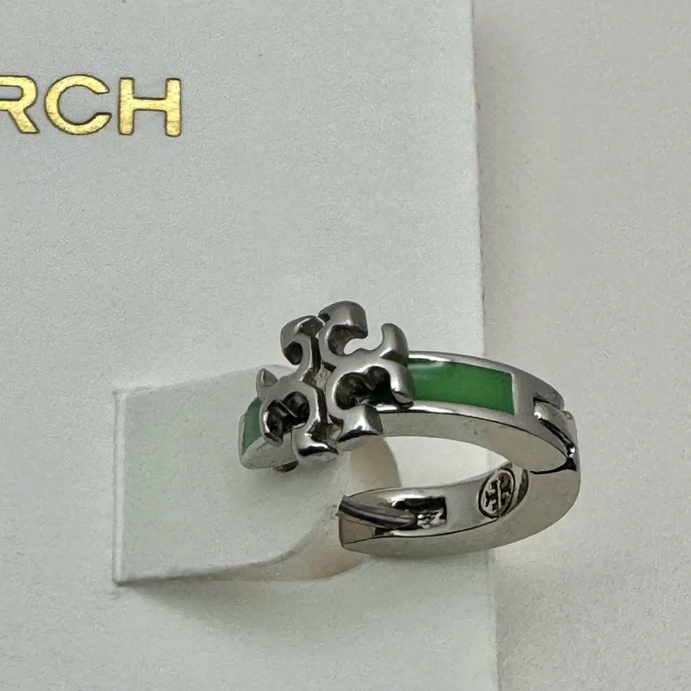 Tory Burch Kira Silver & Green Enamel Small Huggie NEW